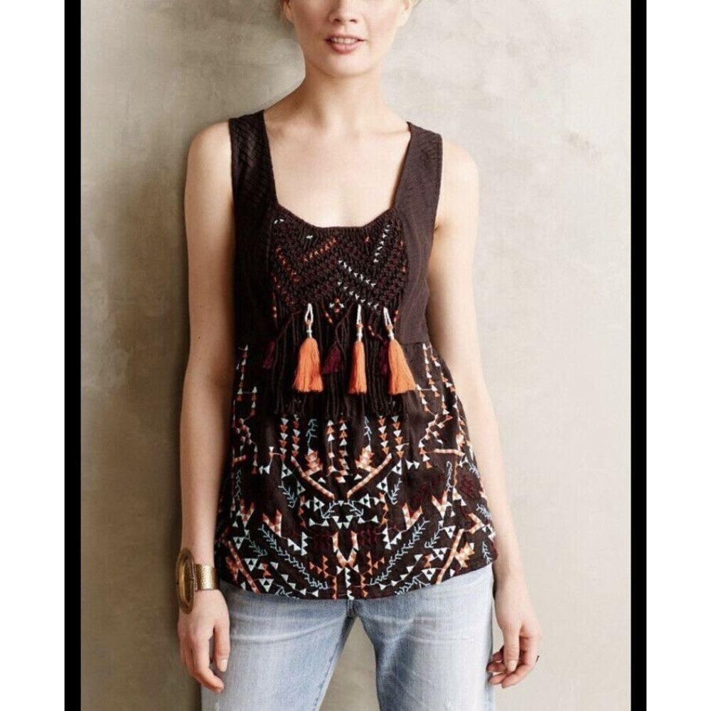 Akemi + Kin Anthropologie Brown Stitched Tassel Sleeveless Cotton Top Women's S